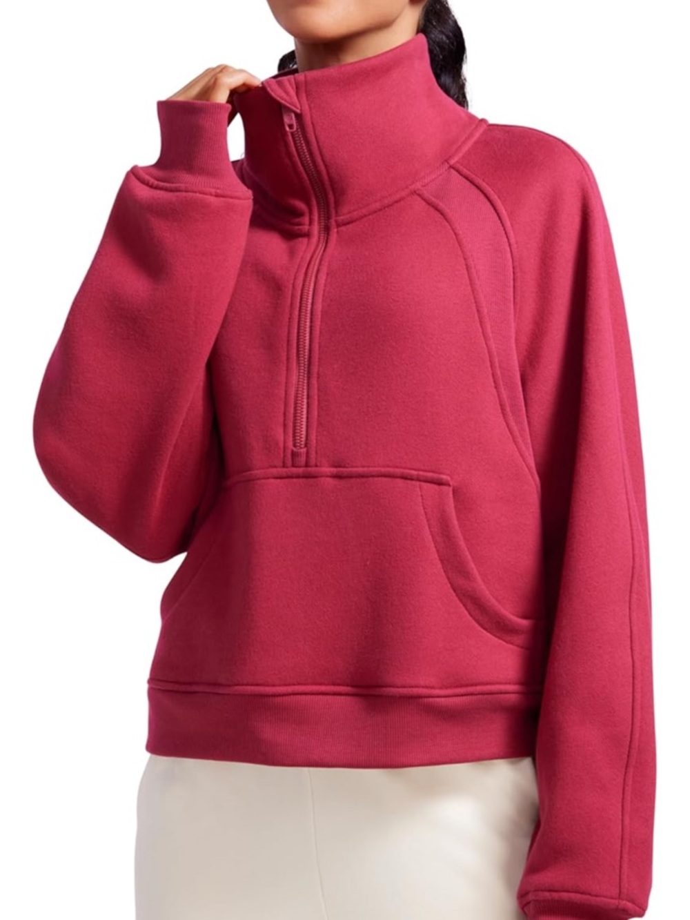 CRZ YOGA Women's Fleece-Lined Half-Zip Scuba Pullover  | Pomegranate | Size L